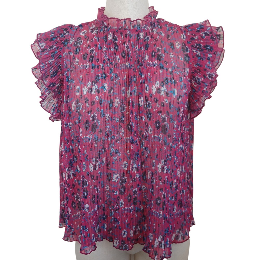 Anthropologie Frida‎ Pink Flutter Sleeve Pleated Floral Mock Neck Top M